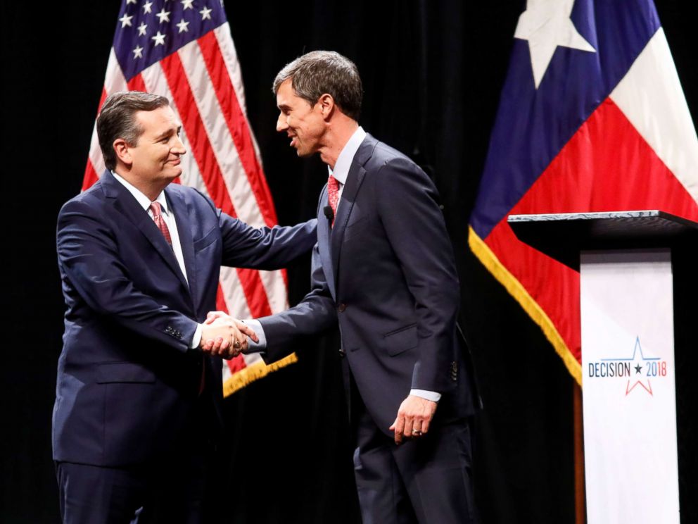 PHOTO: Sen. Ted Cruz and Rep. Beto O'Rourke shake hands after a debate for the Texas Senate seat at the Southern Methodist University in Dallas, Sept. 21, 2018.