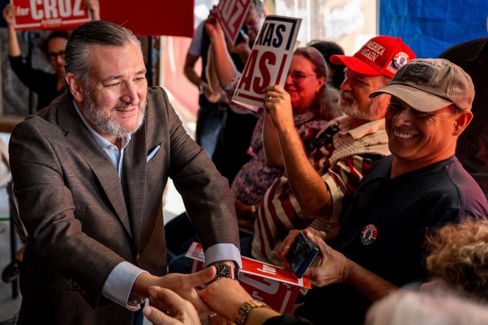 PHOTO: Sen. Ted Cruz greets supporters upon arrival during a bus tour campaign rally at the Jokers IceHouse Bar & Grill, Oct. 31, 2024, in Killeen, Texas.