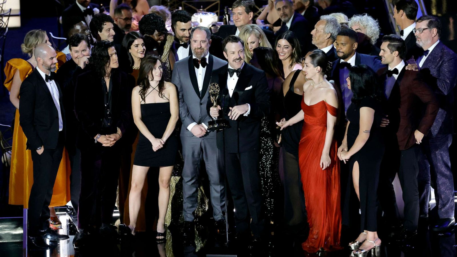 PHOTO: Jason Sudeikis and the cast and crew of "Ted Lasso" accept Outstanding Comedy Series onstage during the 74th Primetime Emmys at Microsoft Theater, on Sept. 12, 2022, in Los Angeles.