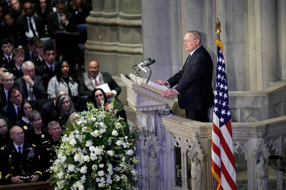 PHOTO: Ted Mondale, son of the late former Vice President Walter Mondale, speaks a tribute written by his father, during the state funeral for former President Jimmy Carter at Washington National Cathedral in Washington, Jan. 9, 2025.