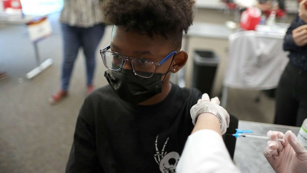 PHOTO: A 13-year-old student receives a Pfizer BioNTech COVID-19 vaccination in Los Angeles, Calif., Aug. 26, 2021.