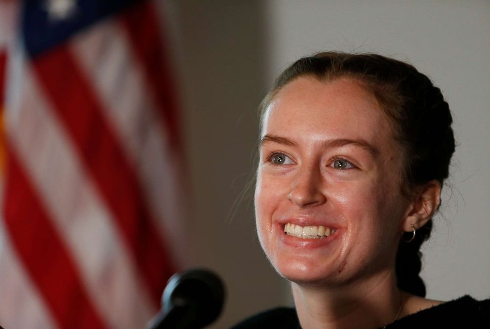 PHOTO: Maggie Taraska, 17, talks to reporters at a press conference in Beverly, Mass. on Sep. 10, 2018 about her emergency landing the previous day at Beverly Regional Airport.