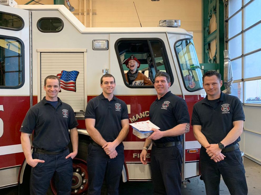 PHOTO: Tegan Kerr, 9, met the Manchester firefighters when they came to his home in New Hampshire.