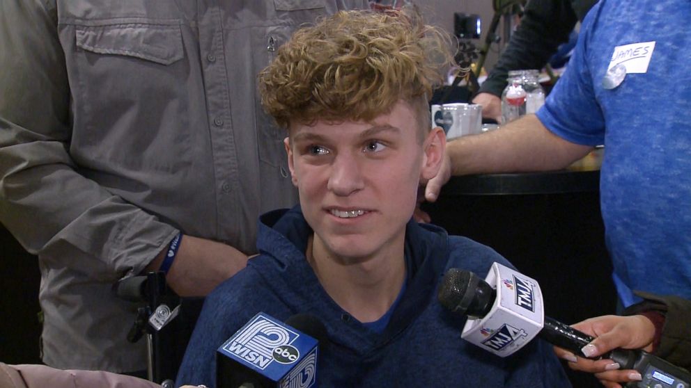 PHOTO: Erick Tiegs, the 16-year-old Waukesha band member and baseball player injured in the parade attack, speaks to members of the media at a benefit auction held for him in Brookfield, Wis.