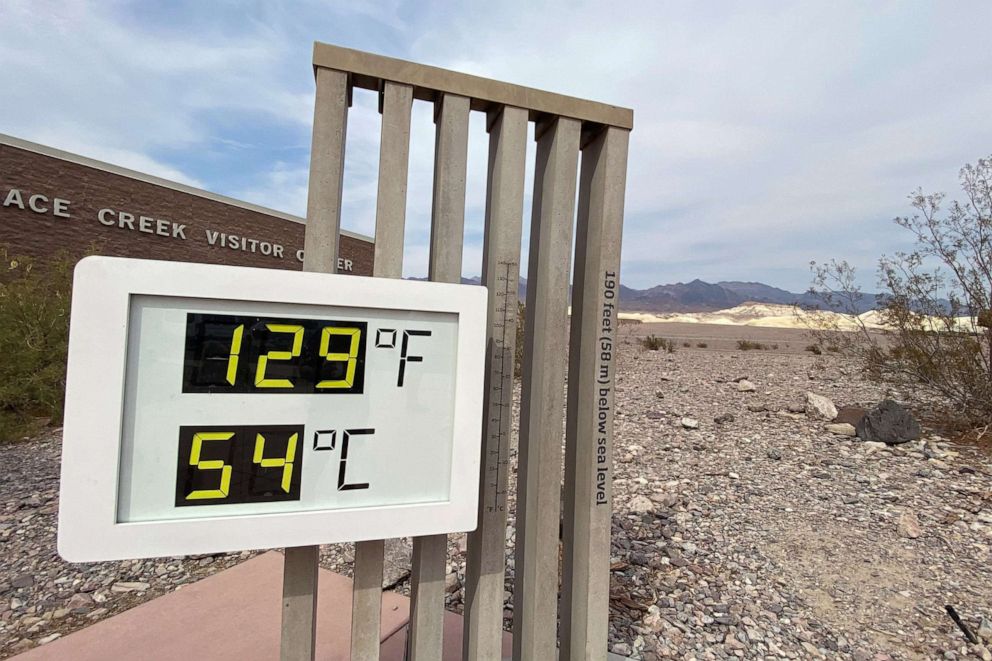 PHOTO: The thermometer at the Furnace Creek Visitor Center at Death Valley National Park shows temperatures reading 129 degrees Fahrenheit in Death Valley, Calif., June 16, 2021.