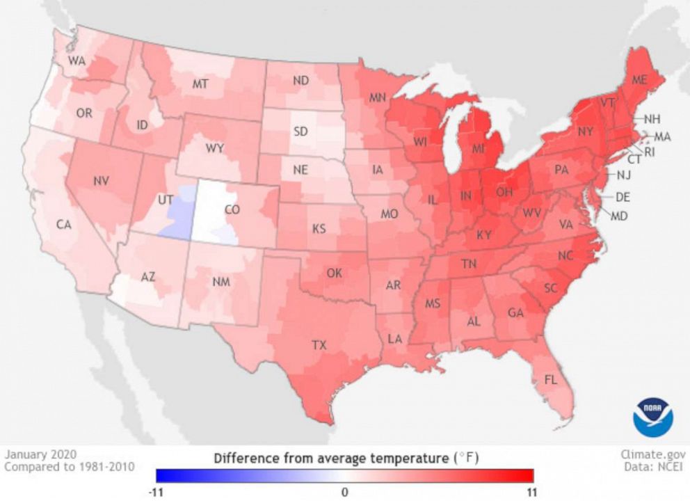 PHOTO: This map shows where January 2020 temperatures were warmer (red) or cooler (blue) than the 1981-2010 average across the contiguous United States.