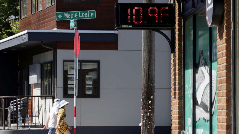PHOTO: A digital sign shows a temperature of 109 degrees Fahrenheit during the scorching weather of a heatwave in Seattle, June 28, 2021.