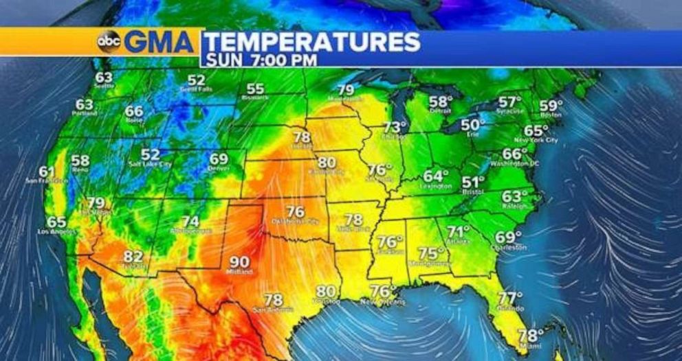 PHOTO: The warmest temperatures on Sunday will be in Texas and north into the Plains.