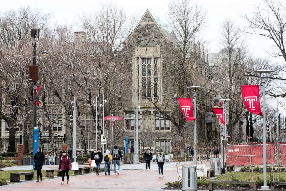 PHOTO: People walk on the Temple University campus in Philadelphia, March 22, 2019.