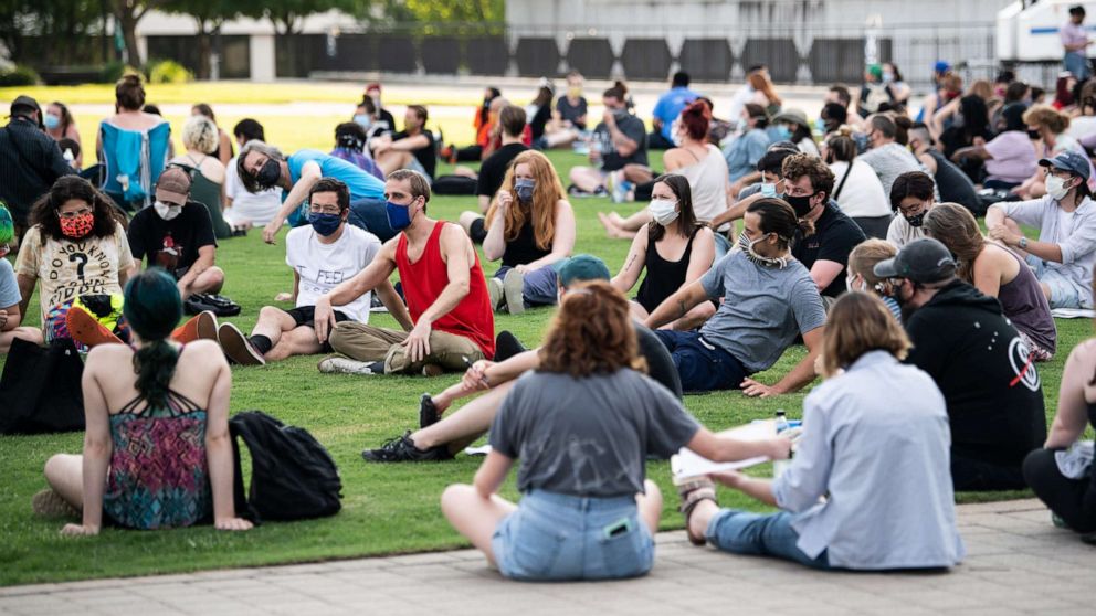 PHOTO:Participants gather in groups to discuss issues during a People's Movement assembly at Public Square Park in Nashville, July 7, 2020.