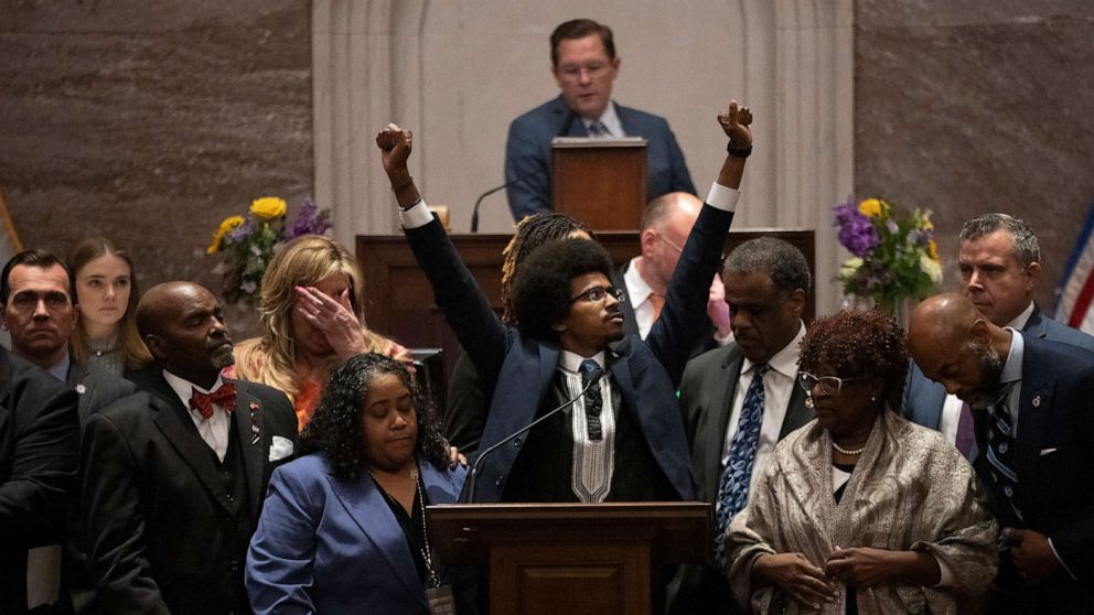 PHOTO: Former Rep. Justin Pearson raises his fists as he delivers his final remarks on the floor of the House chamber as he is expelled from the legislature on April 6, 2023, in Nashville, Tenn.