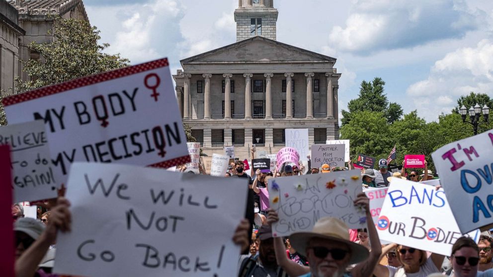 PHOTO: Activists march near the Tennessee State Capital building in Nashville, Tenn., May 14,2022, as part of a nation wide protest for reproductive rights after a leak from the Supreme Court that suggest Roe v Wade will be overturned. 