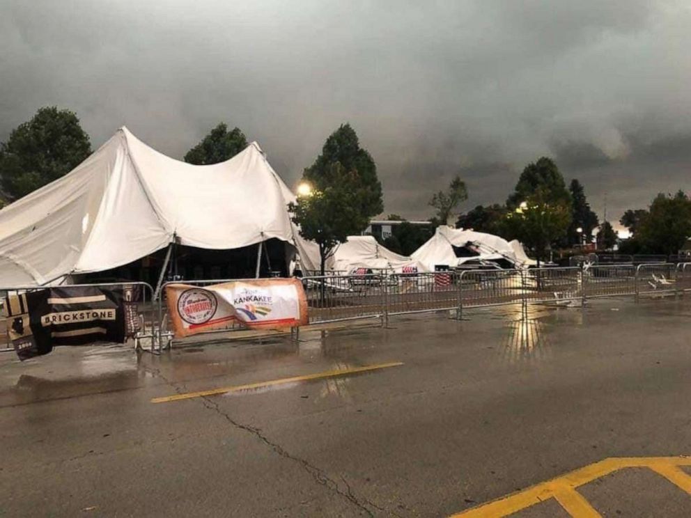 PHOTO: A tent is blown over at a Manteno, Illinois, Oktoberfest event, Sept. 27, 2019. 
