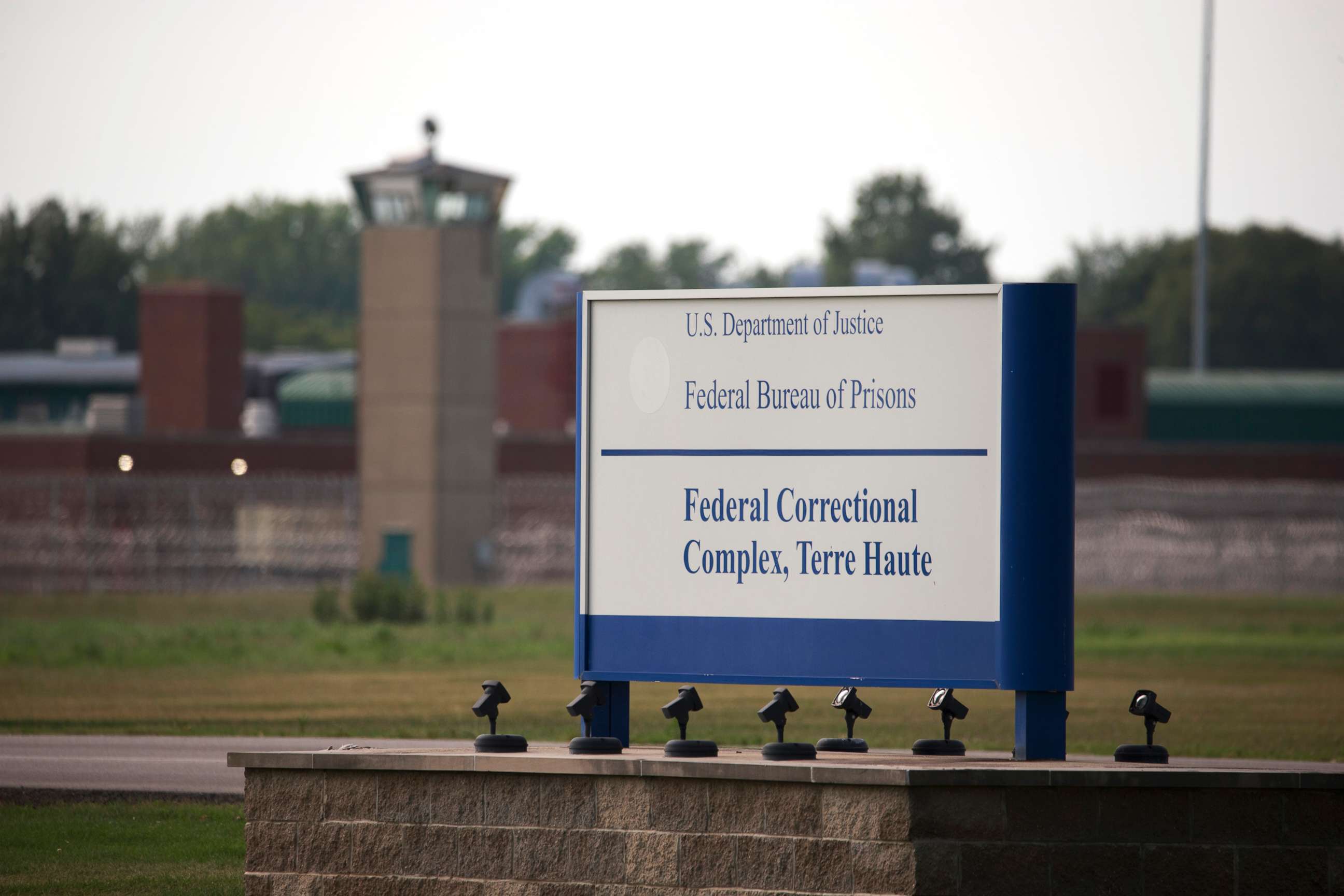 PHOTO: View of a sign outside the Terre Haute Federal Correctional Complex in Terre Haute, Ind., July, 15, 2020. 