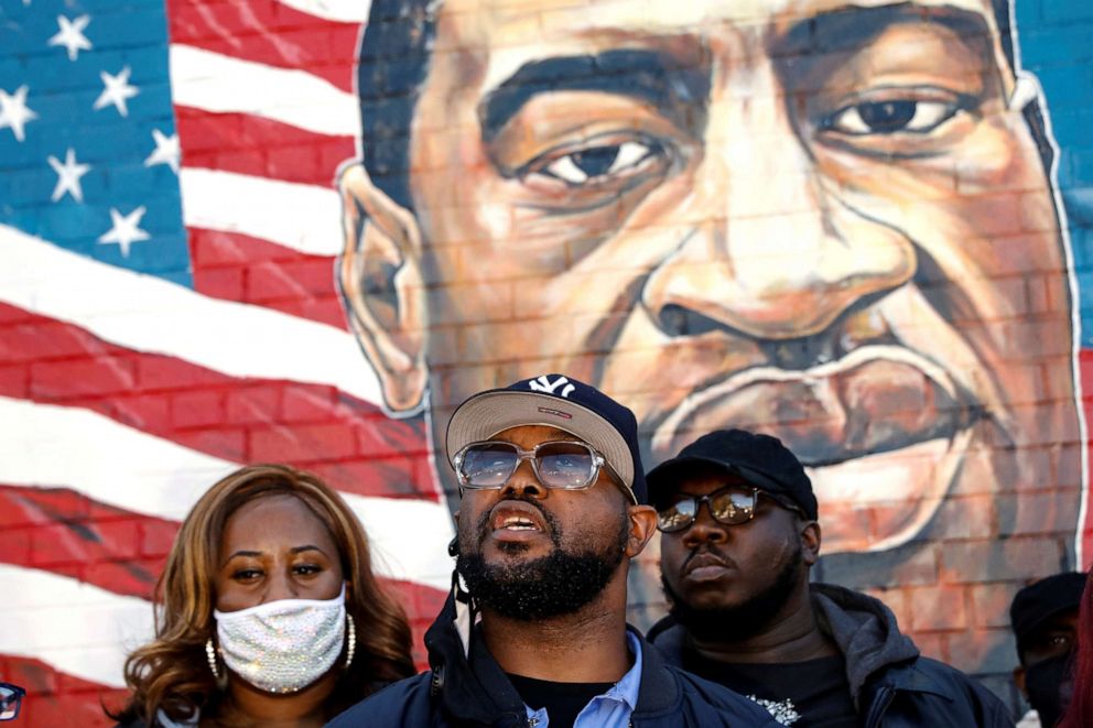 PHOTO: Terrence Floyd speaks during a birthday vigil in front of a mural of his brother George Floyd, who died in Minneapolis police custody, in the Brooklyn borough of New York, Oct. 14, 2020.