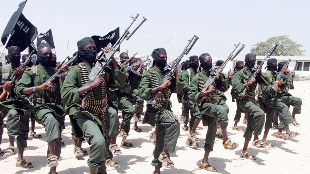 PHOTO: Al-Shabab fighters perform military exercises in the Lafofe area south of Mogadishu, in Somalia, Feb. 17, 2020.