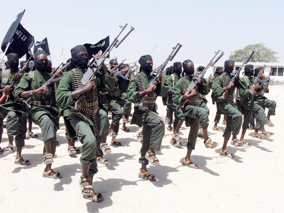 PHOTO: Al-Shabab fighters perform military exercises in the Lafofe area south of Mogadishu, in Somalia, Feb. 17, 2020.