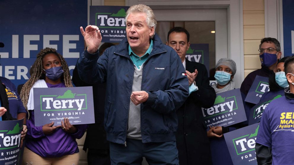 PHOTO: Democratic gubernatorial candidate, former Virginia Gov. Terry McAuliffe speaks to supporters during a Canvass Kickoff event on Nov. 02, 2021, in Falls Church, Va.