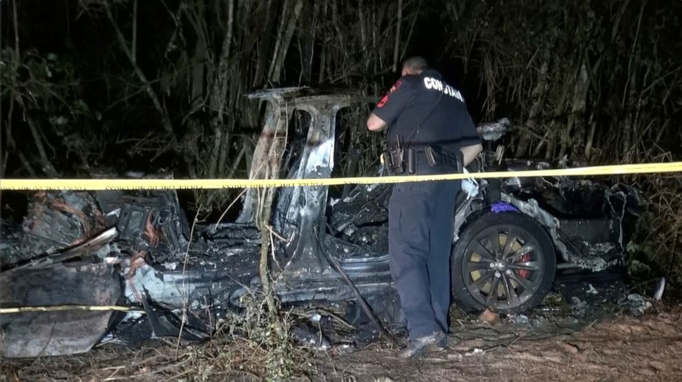 PHOTO: The remains of a Tesla vehicle are seen after it crashed in The Woodlands, Texas, April 17, 2021, in this still image from video obtained via social media. Video taken April 17, 2021. 