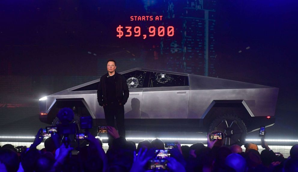 PHOTO: Tesla co-founder and CEO Elon Musk stands in front of the newly unveiled all-electric battery-powered Tesla's Cybertruck at Tesla Design Center in Hawthorne, Calif., on Nov. 21, 2019.