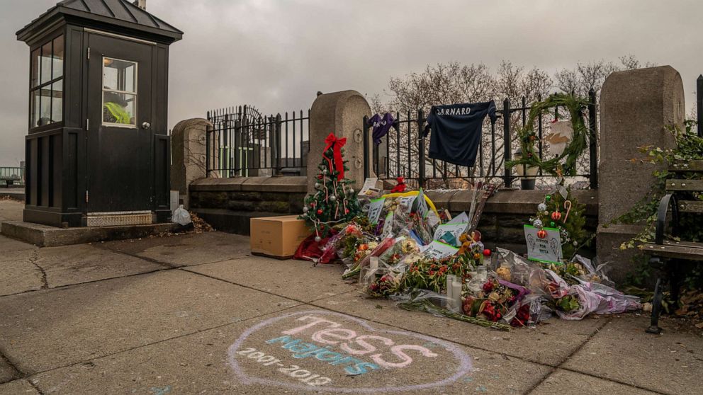 PHOTO: In this Dec. 26, 2019, file photo, a makeshift memorial stands for 18-year-old Barnard College freshman Tessa Majors in Morningside Park in New York.