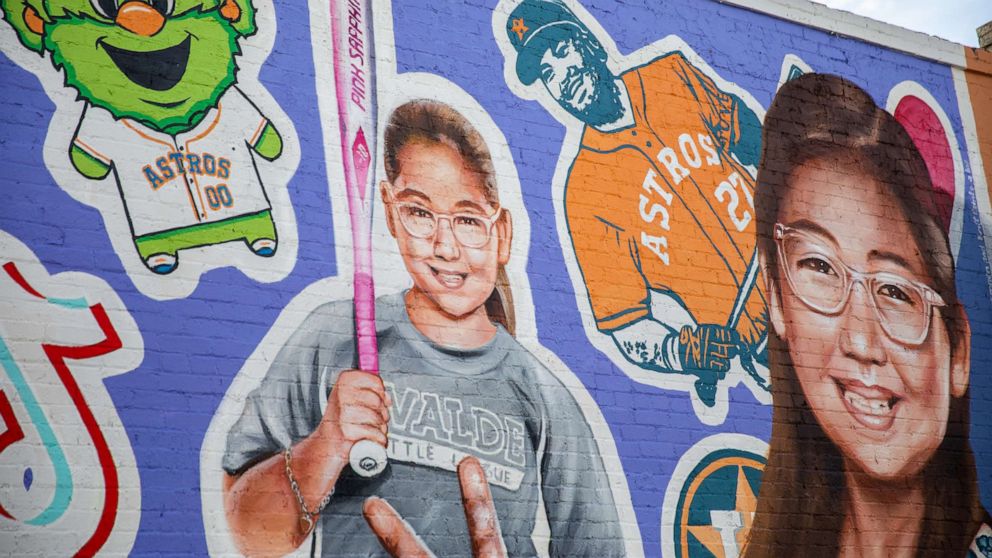 PHOTO: A mural of Tess Mata is shown in downtown Uvalde, Texas, on Aug. 21, 2022.