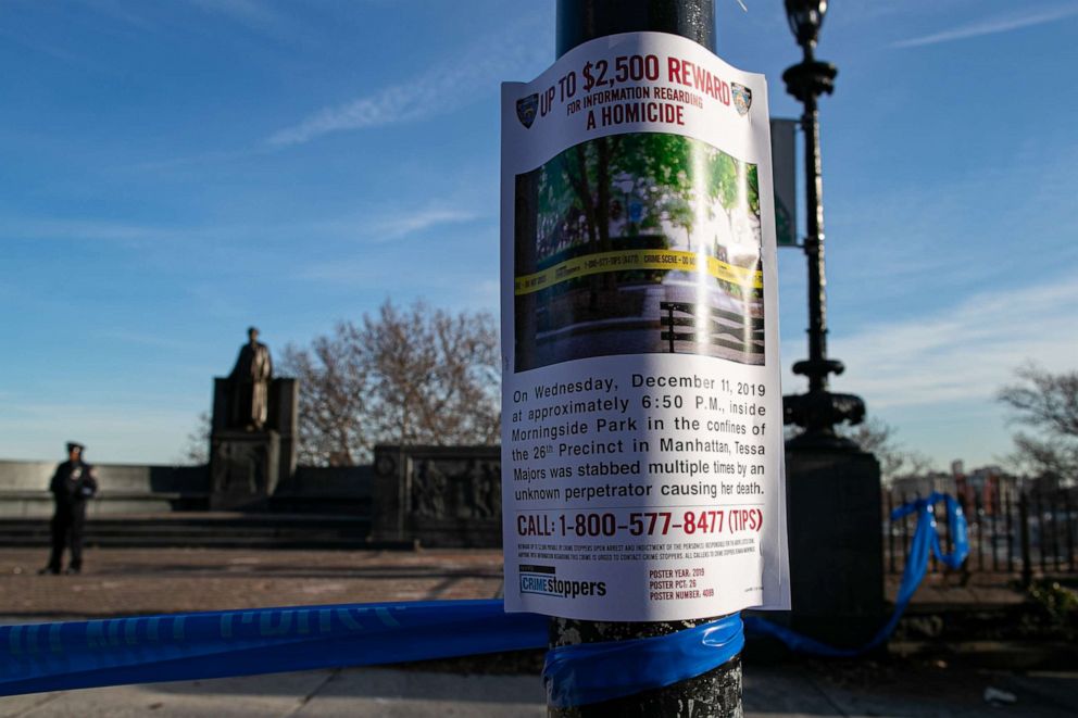 PHOTO: A sign advertising a reward for information regarding a homicide is posted at the entrance of Morningside Park, Dec. 12, 2019, in New York City.