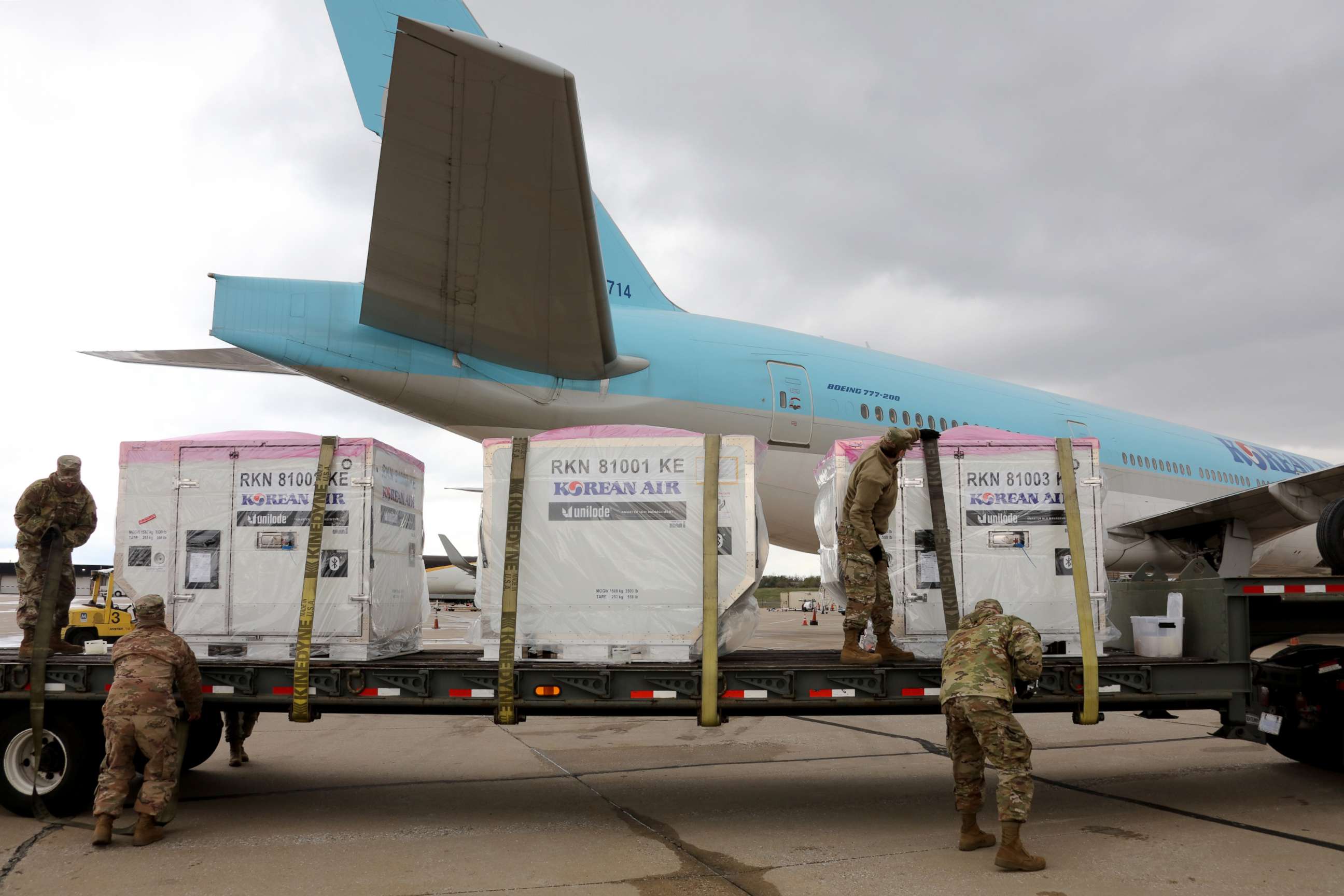 PHOTO: COVID-19 testing kits from LabGenomics are unloaded from a Korean Air plane at Baltimore-Washington International Airport on Monday, April 20, 2020.