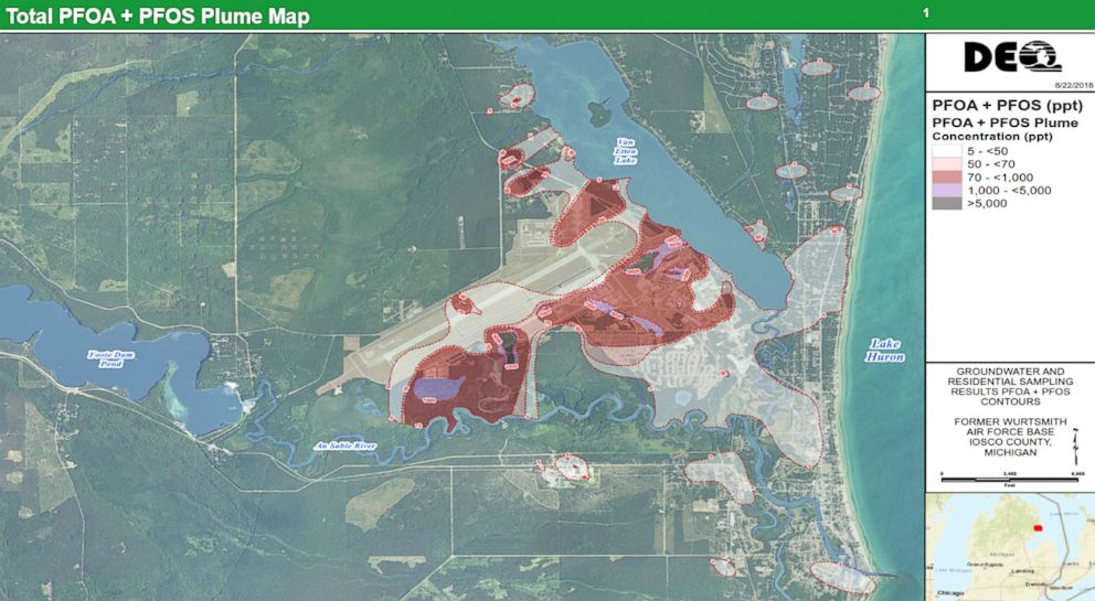 PHOTO: A map shows the results of testing around Oscoda