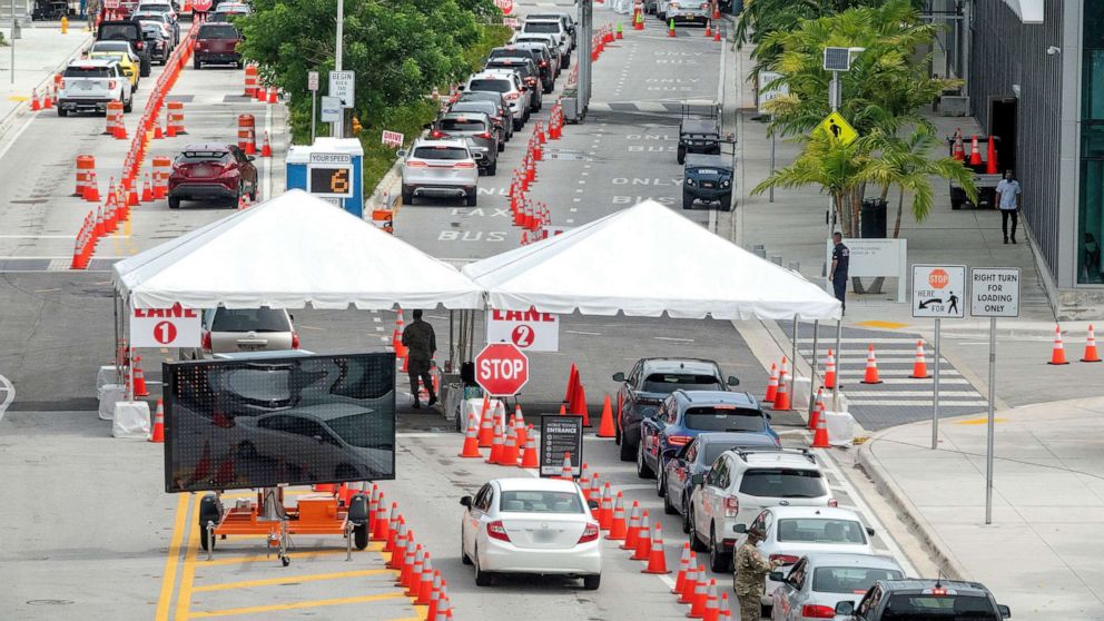 PHOTO: People queue in their cars to get the COVID-19 coronavirus testing service by the Florida Army National Guard partnered with the City of Miami Beach and the Florida Department of Health, in Miami Beach, Fla., July 17, 2020.