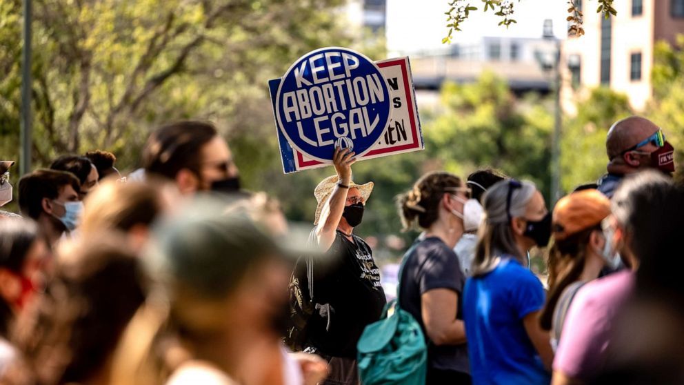 PHOTO: Abortion rights activists rally at the Texas State Capitol, Sept. 11, 2021 in Austin, Texas. 