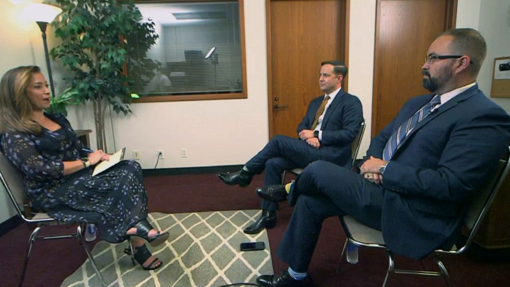 PHOTO: Texas state representatives Dustin Burrows and Joe Moody speak with ABC News' Mireya Villarreal about legislation that aims to curb gun violence.