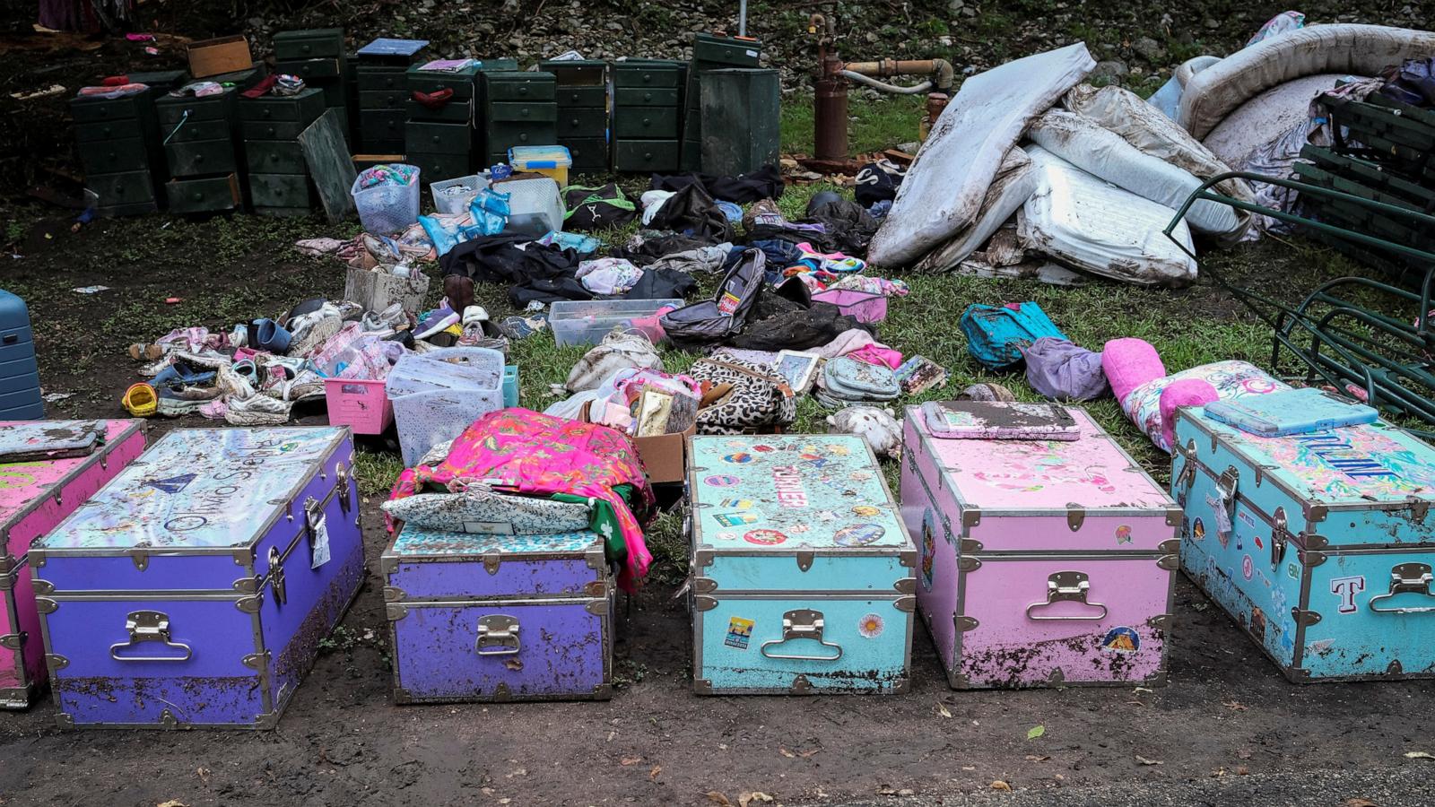 Campists' belongings lie on the ground following flooding on the Guadalupe River, at Camp Mystic, Hunt, Texas, July 7, 2025. 
