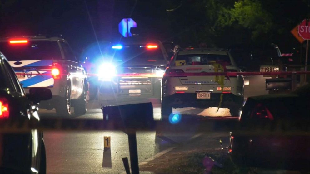 PHOTO: Authorities respond to the scene of a drive-by shooting in which a 7 year old was killed inside his trailer home in the Cloverleaf area of Harris County, Texas, June 12, 2022.  