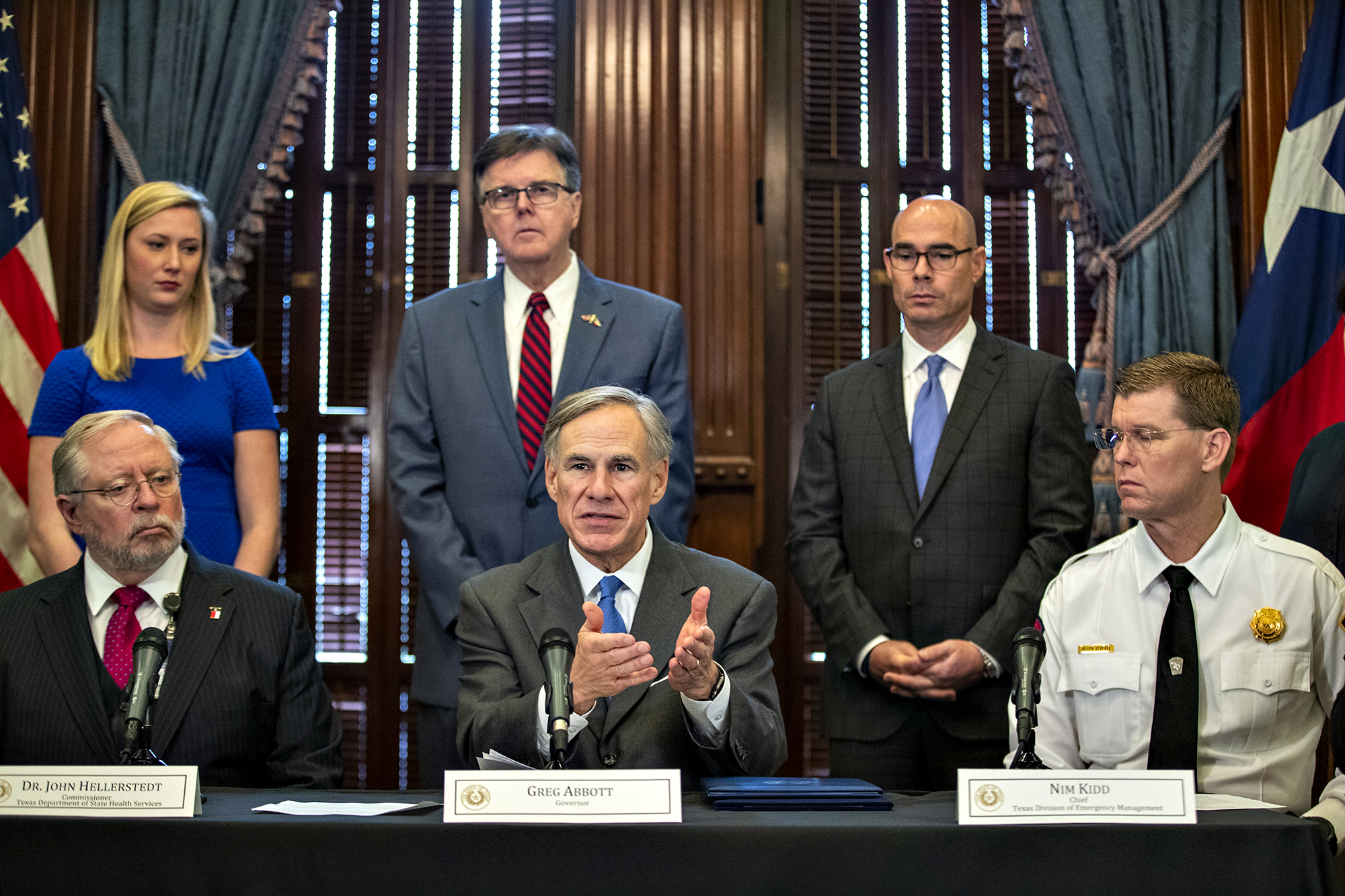PHOTO: Texas Gov. Greg Abbott and top of officials announced new state policies to combat the coronavirus at the governor's office, March 19, 2020, in Austin.