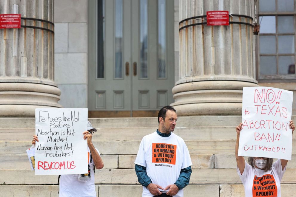 PHOTO: People gather for a reproductive rights rally at Brooklyn Borough Hall on Sept. 1, 2021, in downtown Brooklyn, New York.