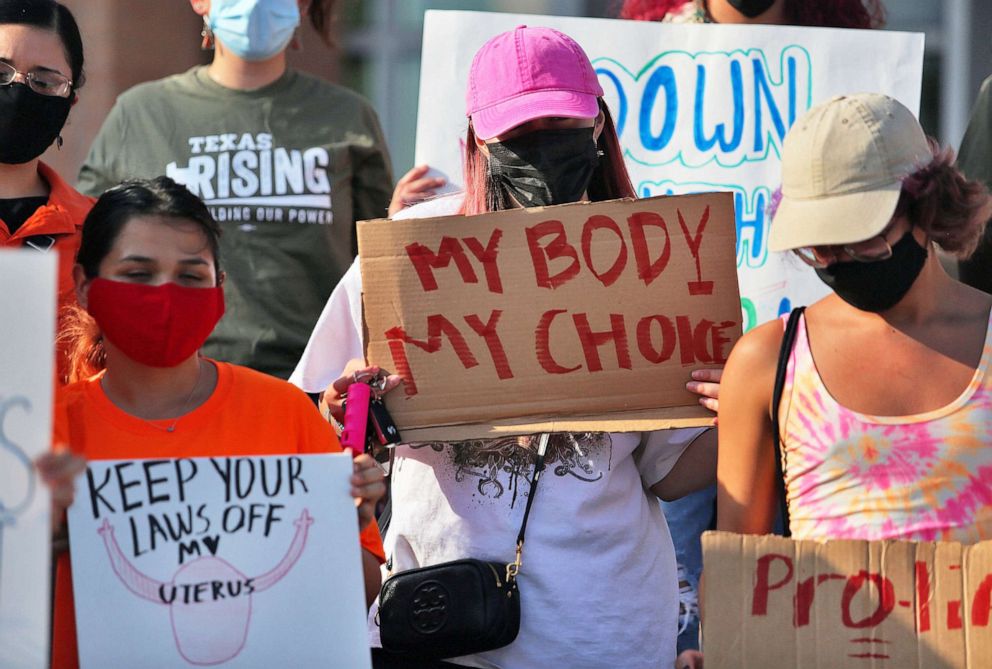 PHOTO: Abortion rights supporters gather to protest Texas SB 8 in front of Edinburg City Hall, Sept. 1, 2021, in Edinburg, Texas.