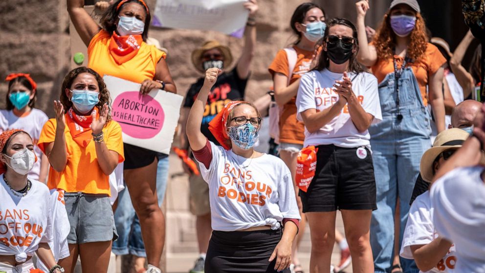 PHOTO: Abortion rights supporters rally outside the Texas State Capitol on Sept. 1, 2021, in Austin, Texas.