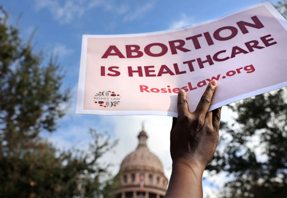 PHOTO: A supporter of reproductive rights holds a sign outside the Texas State Capitol building during the nationwide Women's March in Austin, Texas, Oct. 2, 2021.