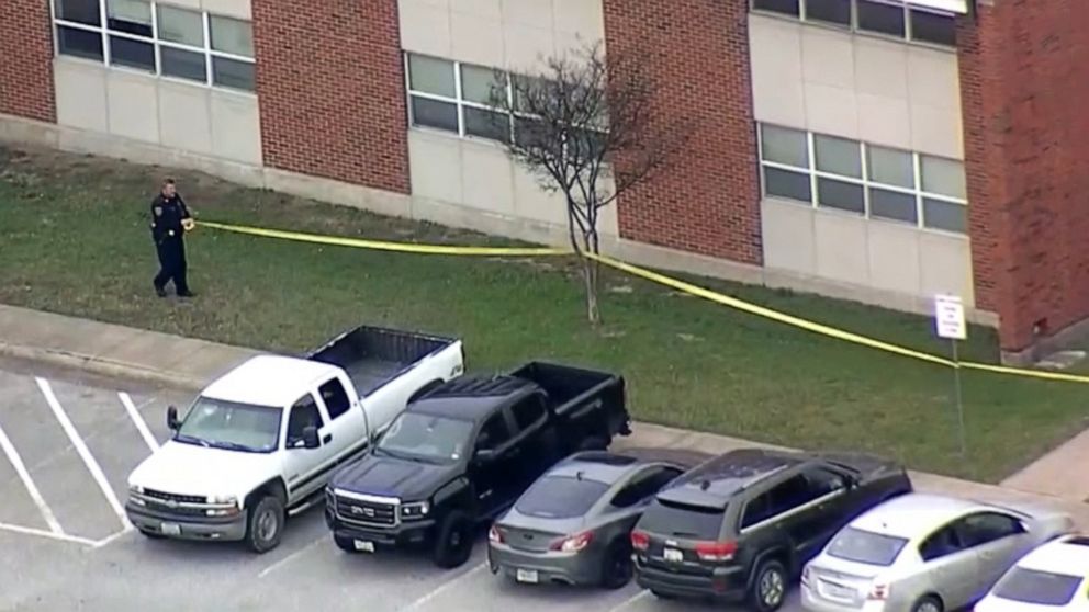 PHOTO: A police officer tapes off a crime scene after reports of a shooting at a residence hall at Texas A&M University's campus in Commerce, Texas, on Feb. 3, 2020.