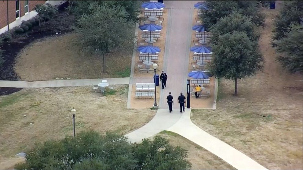 PHOTO: Police officers respond after reports of a shooting at a residence hall at Texas A&M University's campus in Commerce, Texas, on Feb. 3, 2020.