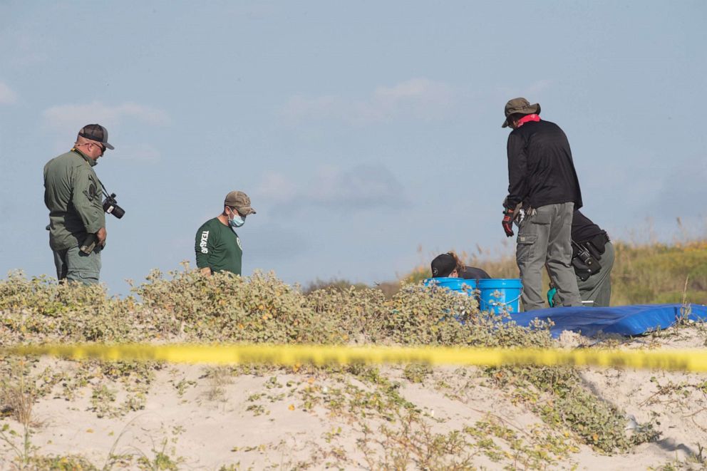 PHOTO: Several state agencies conduct an investigation on Padre Island beach in Kleberg County near mile marker 263 after human remains where found on Monday, Oct. 28, 2019.