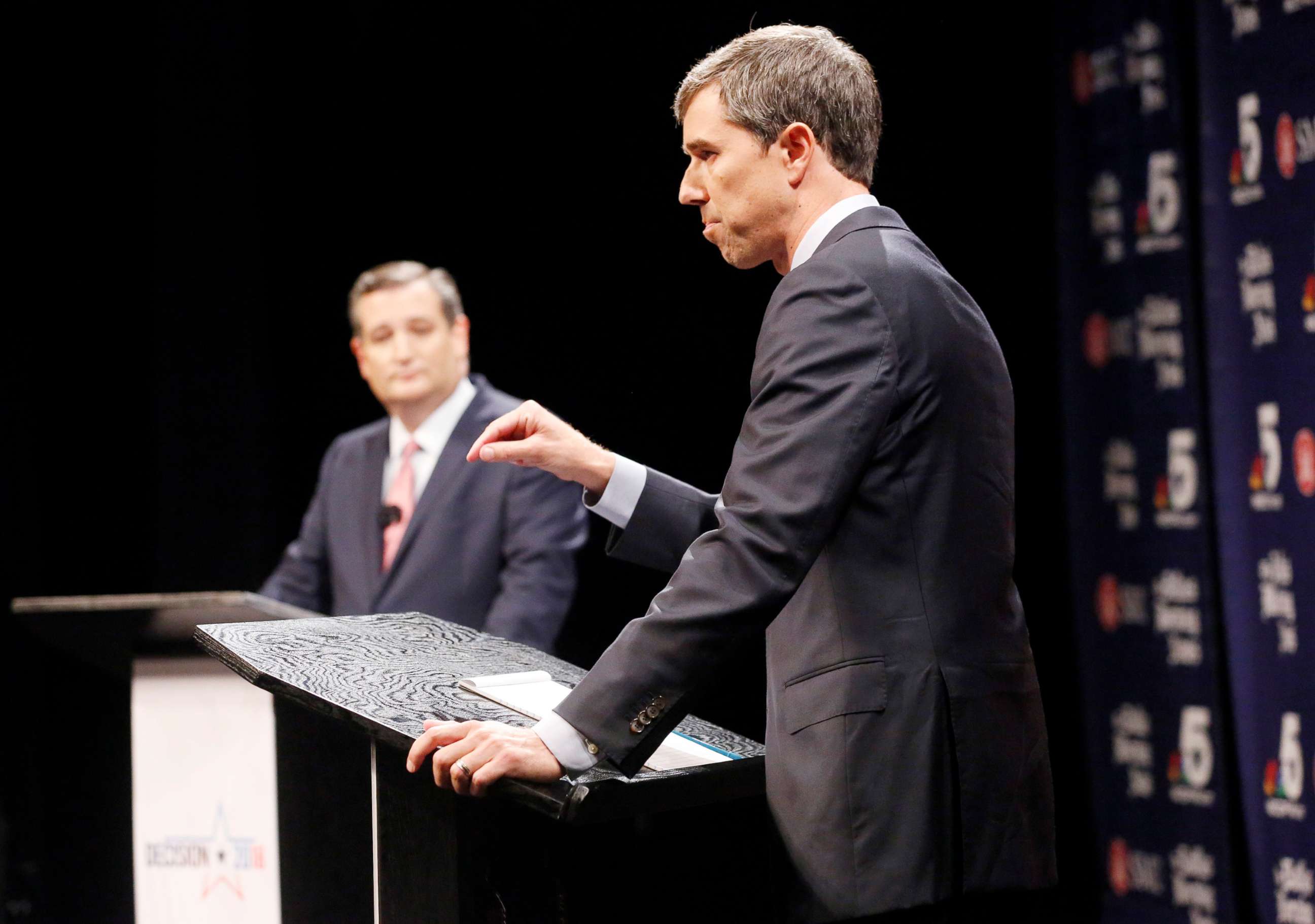 PHOTO: DALLAS, Rep. Beto O'Rourke makes a point as Sen. Ted Cruz waits his turn during a debate in Dallas, Sept. 21, 2018.