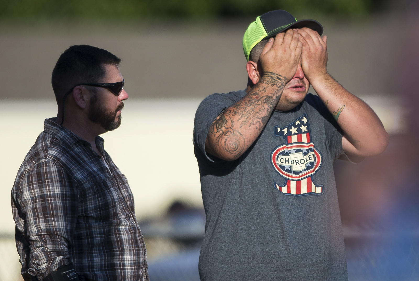PHOTO: A man wipes his eyes after a deadly shooting at the First Baptist Church in Sutherland Springs, Texas, Nov. 5, 2017.