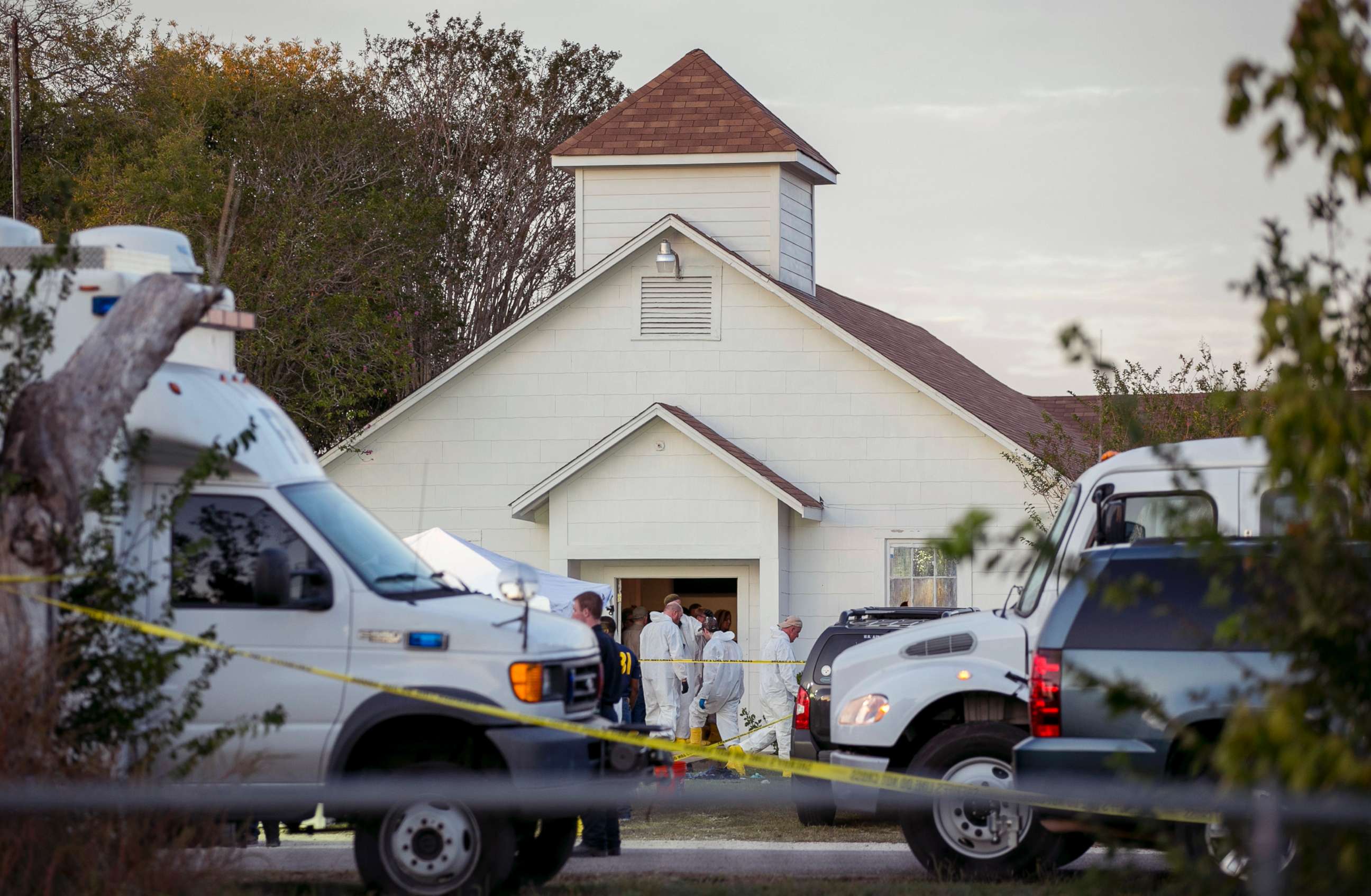 PHOTO: Investigators work at the scene of a mass shooting at the First Baptist Church in Sutherland Springs, Texas, Nov. 5, 2017.