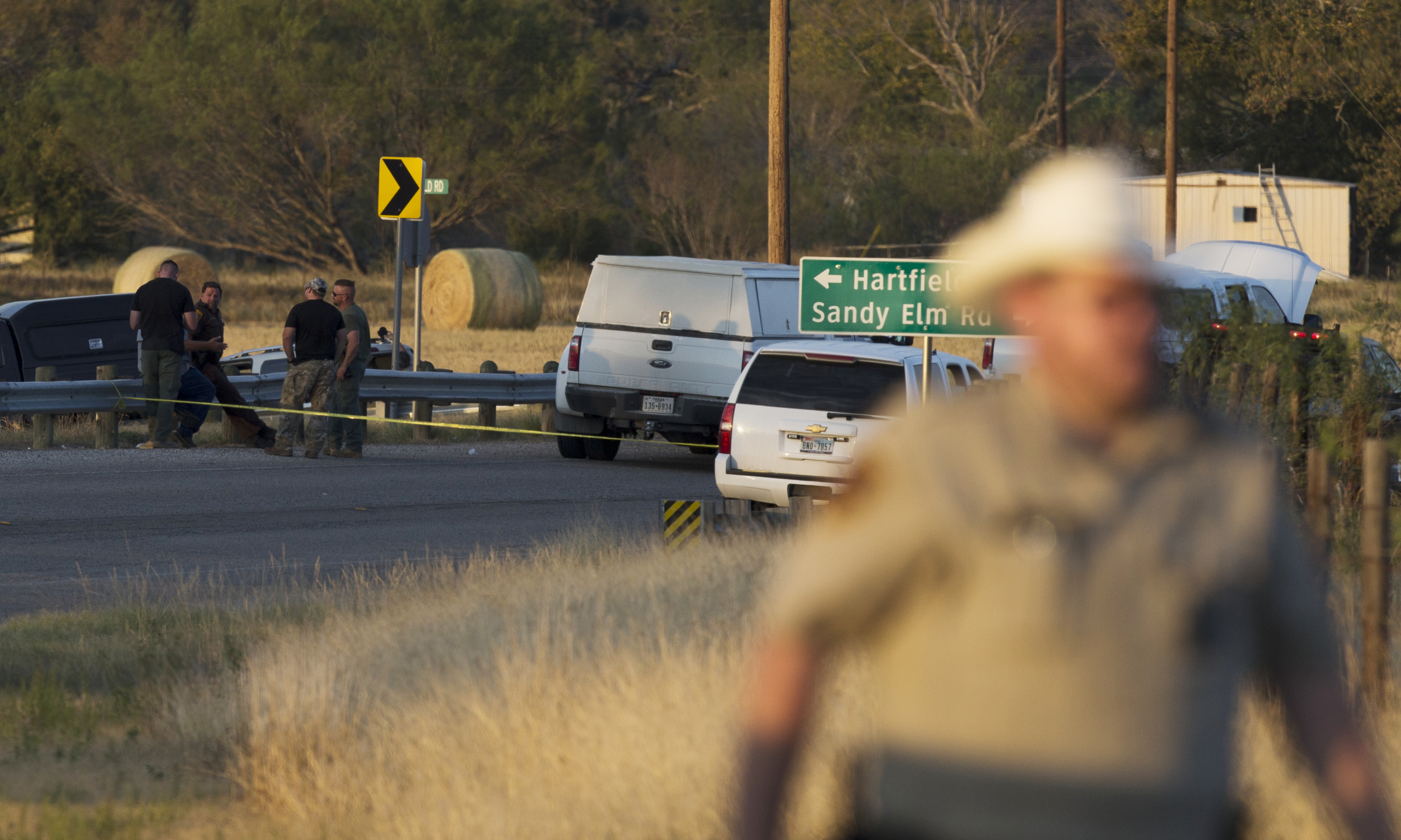 PHOTO: Authorities work the scene where the suspect of a deadly church shooting was found dead in his vehicle near the intersection of FM 539 and Sandy Elm Road in Guadalupe County, Texas, Nov. 5, 2017.