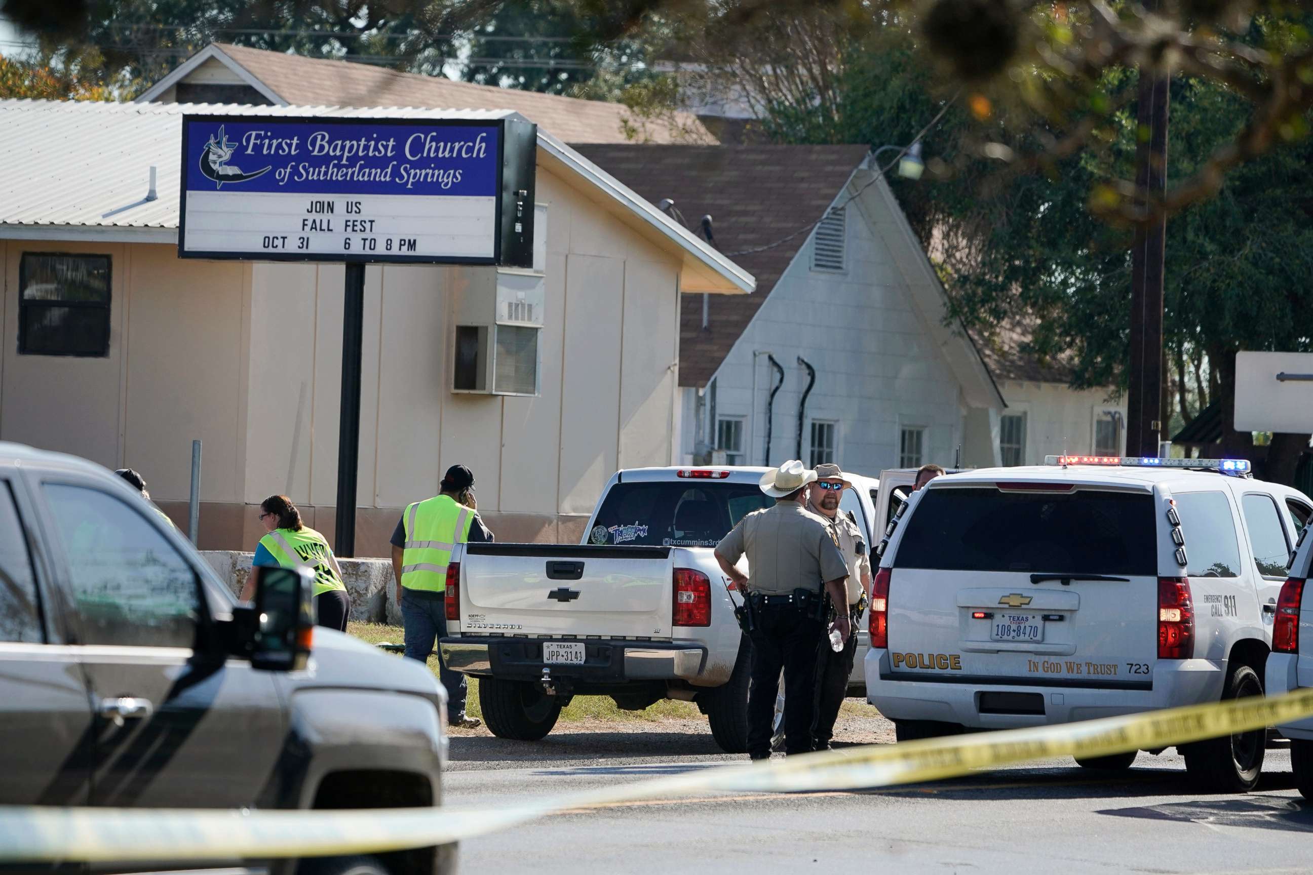 PHOTO: Law enforcement officers gather in front of the First Baptist Church of Sutherland Springs after a fatal shooting, Nov. 5, 2017, in Sutherland Springs, Texas. 