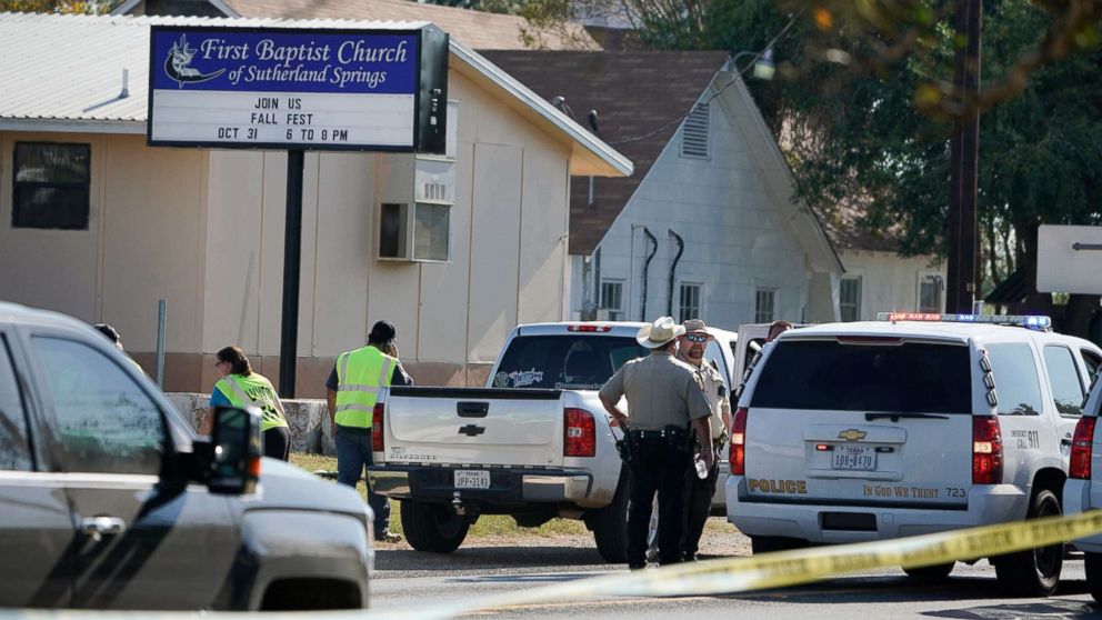 PHOTO: Law enforcement officers gather in front of the First Baptist Church of Sutherland Springs after a fatal shooting, Nov. 5, 2017, in Sutherland Springs, Texas. 