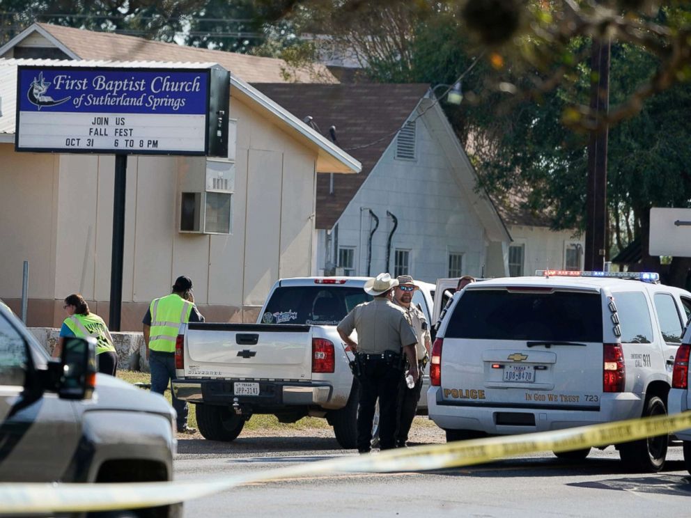 PHOTO: Law enforcement officers gather in front of the First Baptist Church of Sutherland Springs after a fatal shooting, Nov. 5, 2017, in Sutherland Springs, Texas.