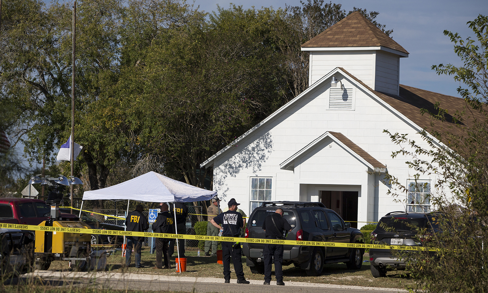 PHOTO: Law enforcement officials works at the scene of a fatal shooting at the First Baptist Church in Sutherland Springs, Texas, Nov. 5, 2017. 